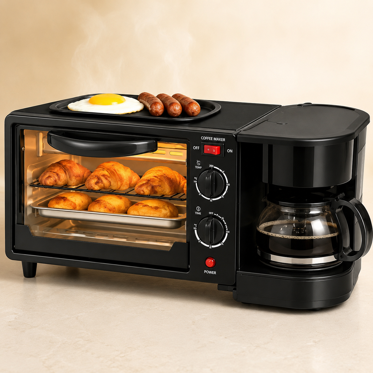 Machine à petit-déjeuner 3 en 1 avec four, cafetière et plaque de cuisson