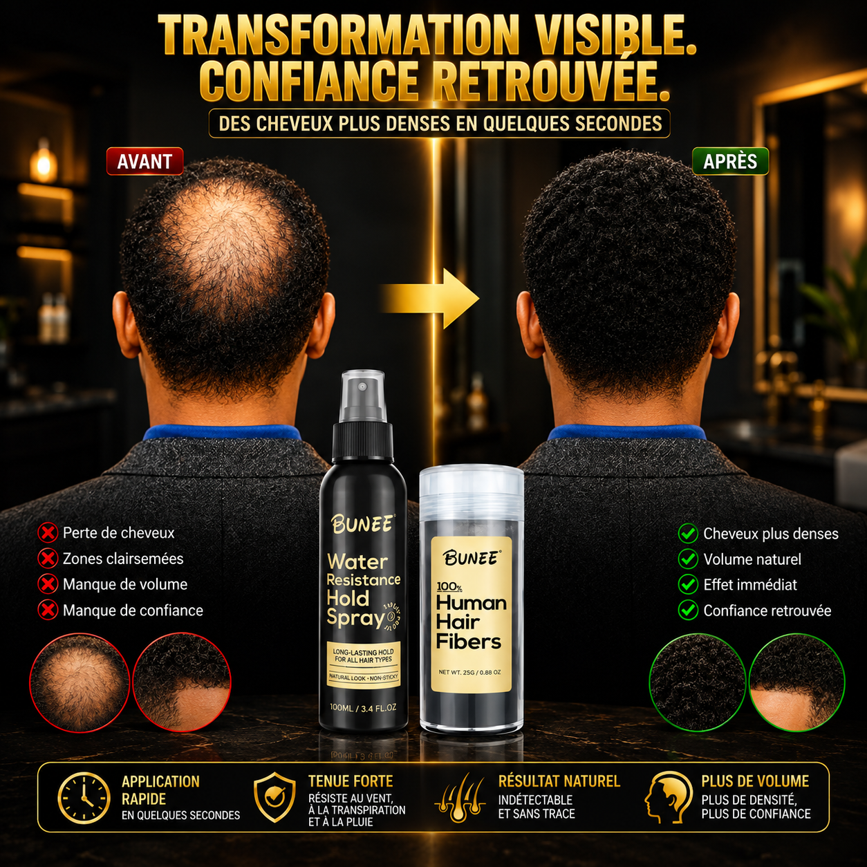 Kit De Fibres Capillaires BUNEE - Cachez votre Calvitie et Ayez des cheveux denses en 30 secondes