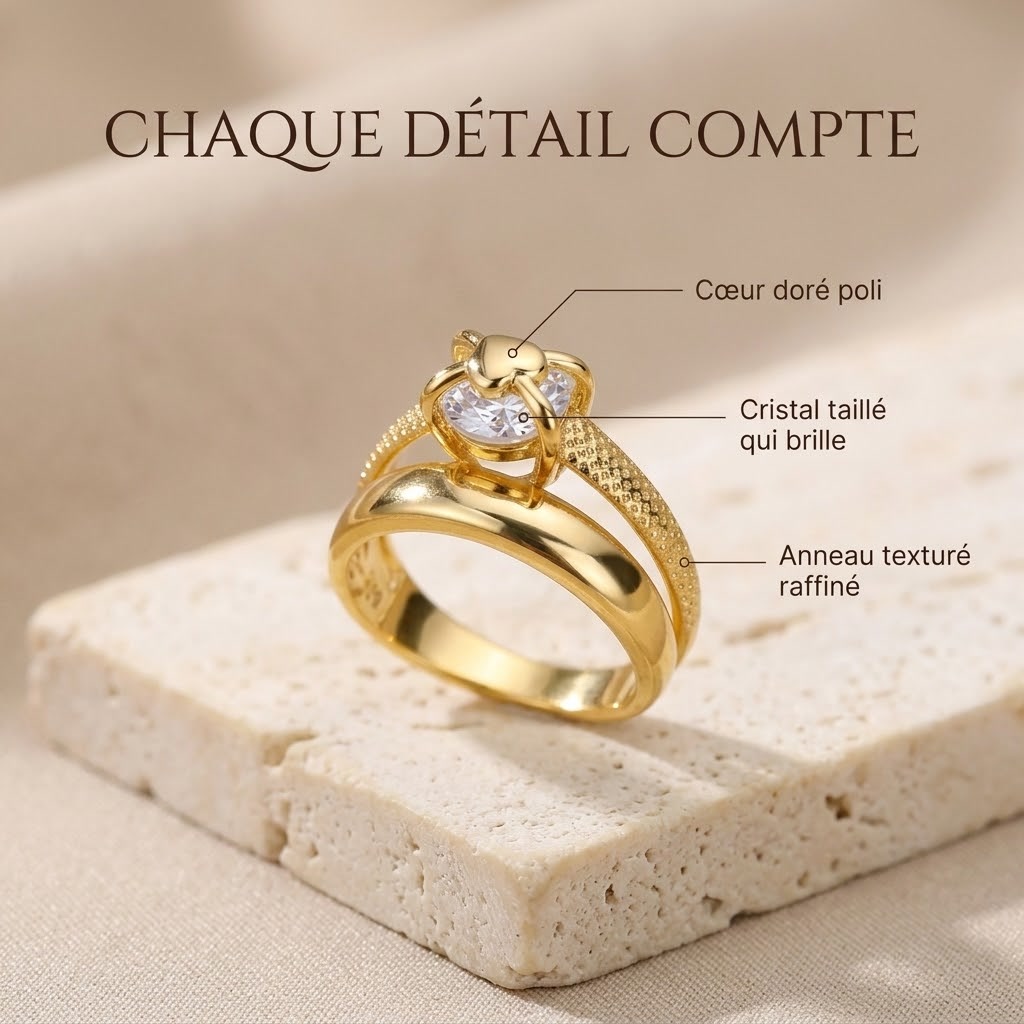 Bague Cœur Éternel – Double anneau doré et cristal 3