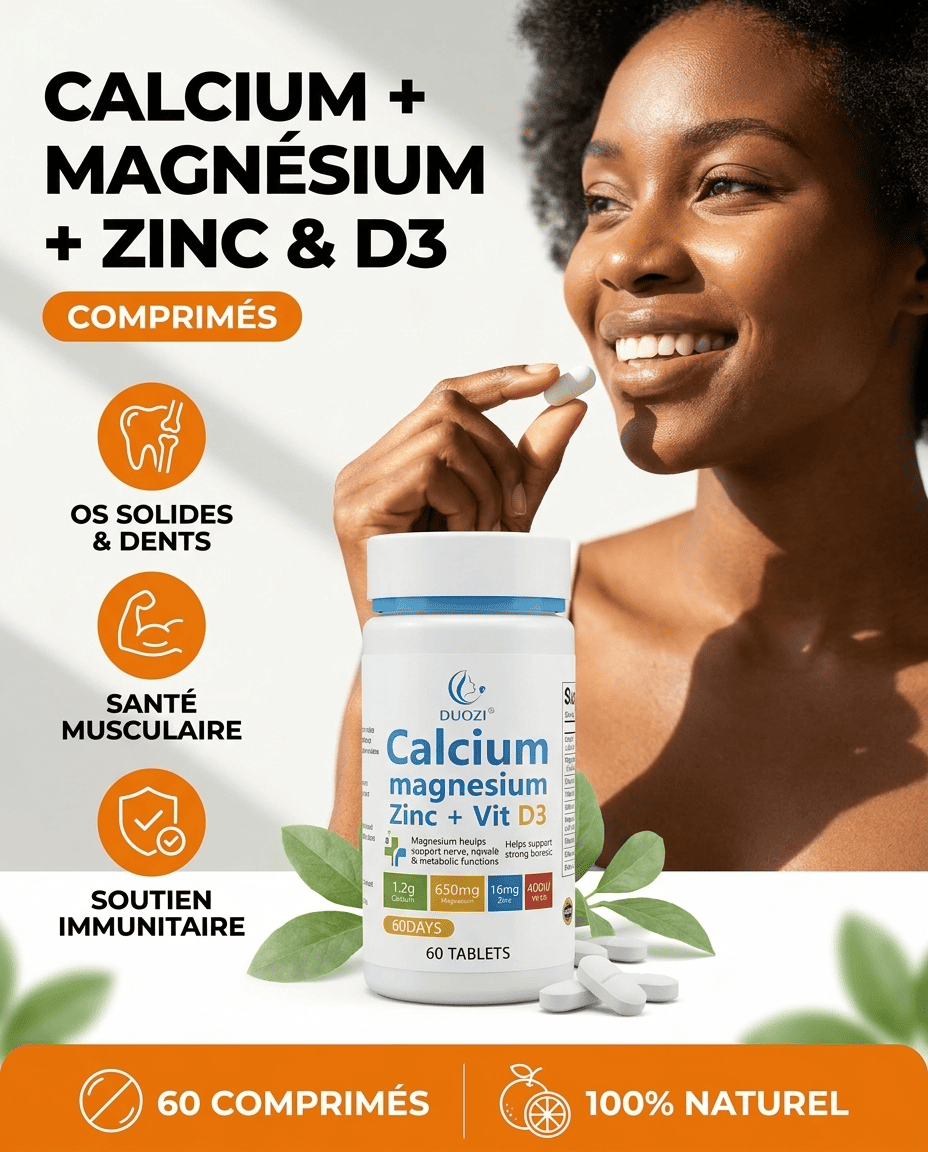 Complexe Calcium Magnésium Zinc + Vitamine D3 – Soutien Osseux, Musculaire & Immunitaire – 60 Comprimés